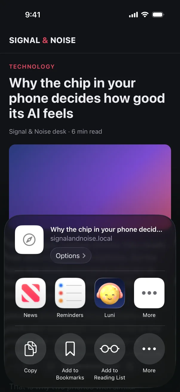The Safari share sheet with Luni in the row of apps