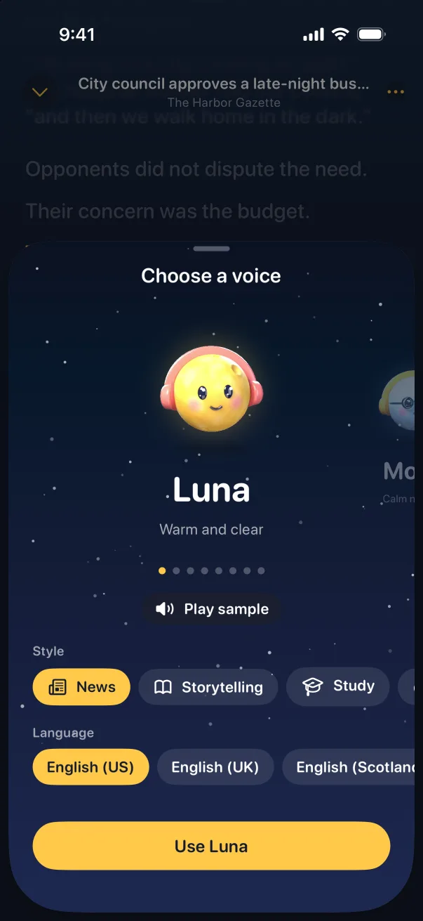 Luni’s voice picker showing Luna, with News, Storytelling and Study styles