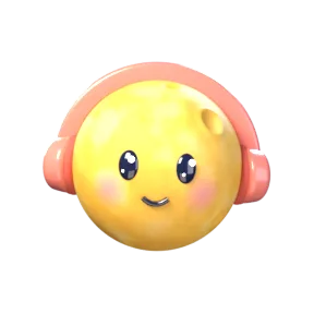 Luni, a little moon wearing coral headphones
